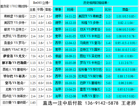 胜负彩012期相同赔率:多特防冷米兰不稳